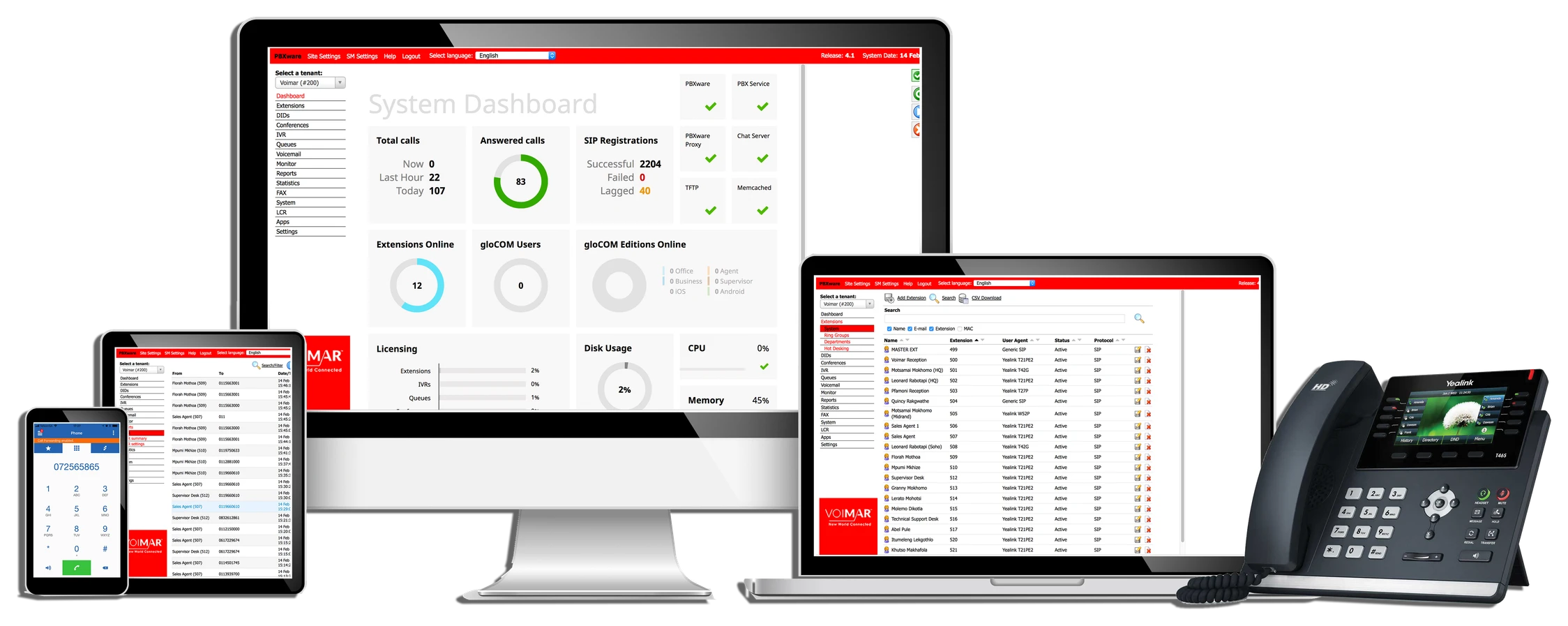 vKOM-PBX admin dashboard shown across desktop, laptop, tablet, mobile and an IP deskphone
